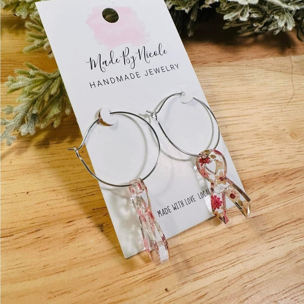 Hand Crafted Silver and Pink Floral Hoop Earrings - cancer awareness ribbon